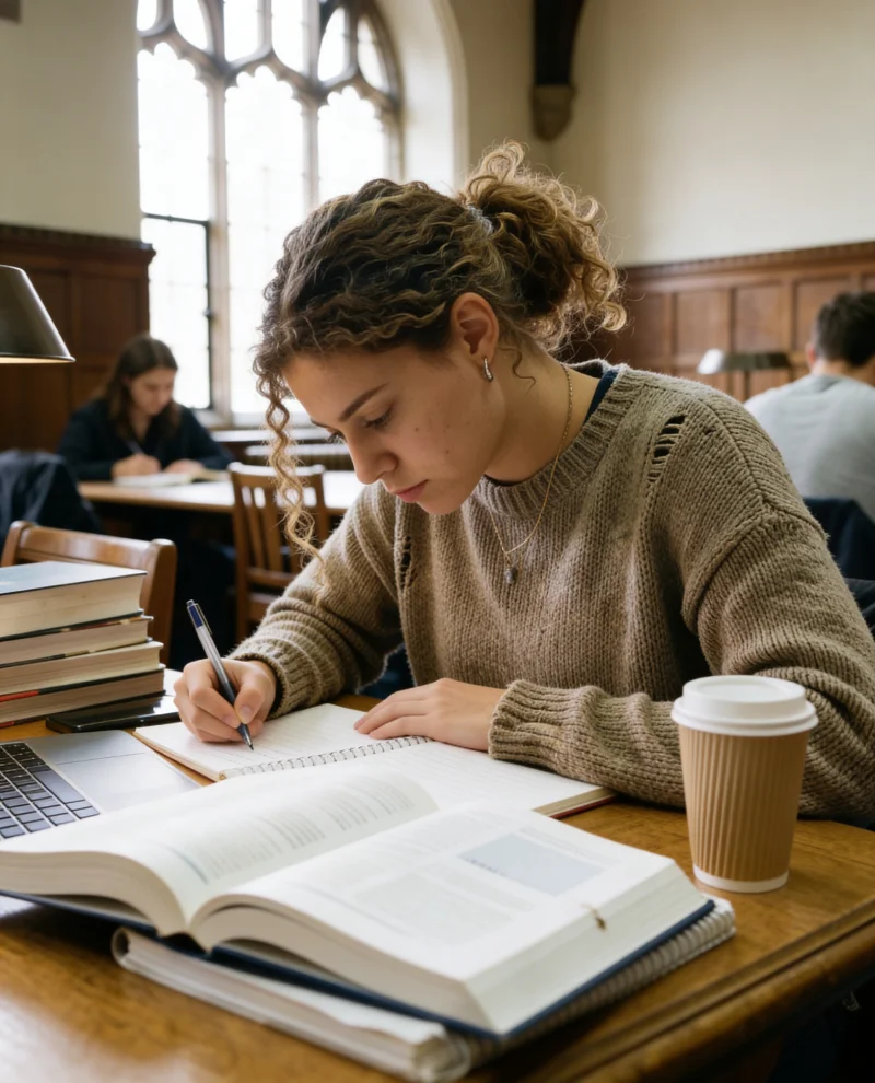 Student studying in a university library