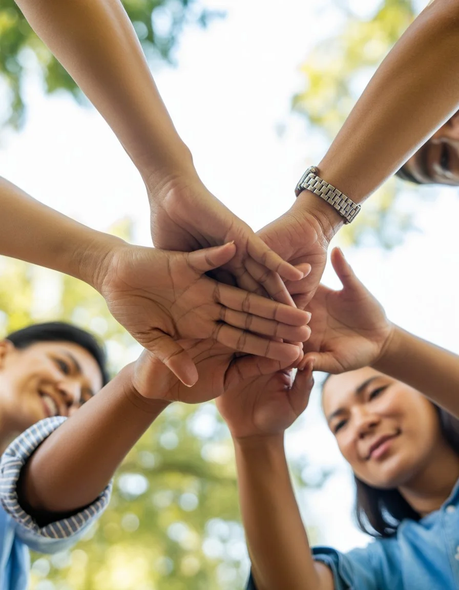 Diverse students stacking hands in teamwork