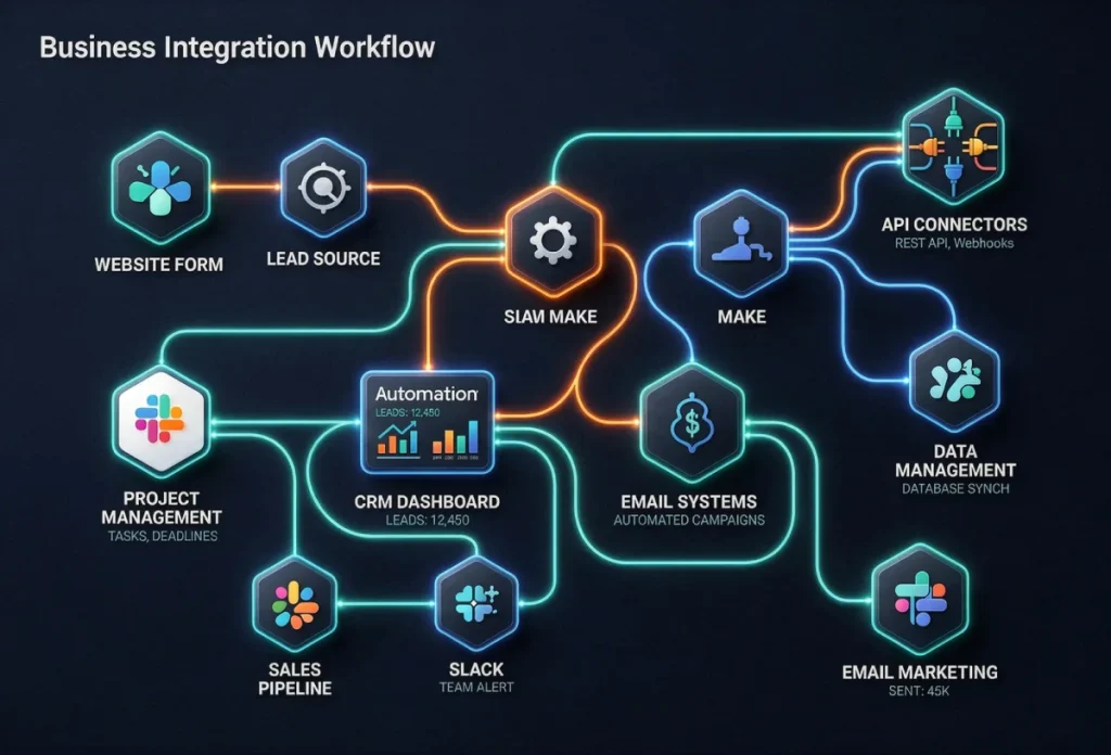 AI automation company workflow connecting Zapier, Make, CRM, and business systems through intelligent integrations
