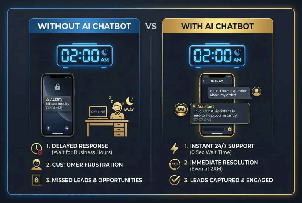 Business impact comparison showing customer inquiries lost without AI chatbot versus appointments captured and revenue protected with 24/7 AI chatbot service