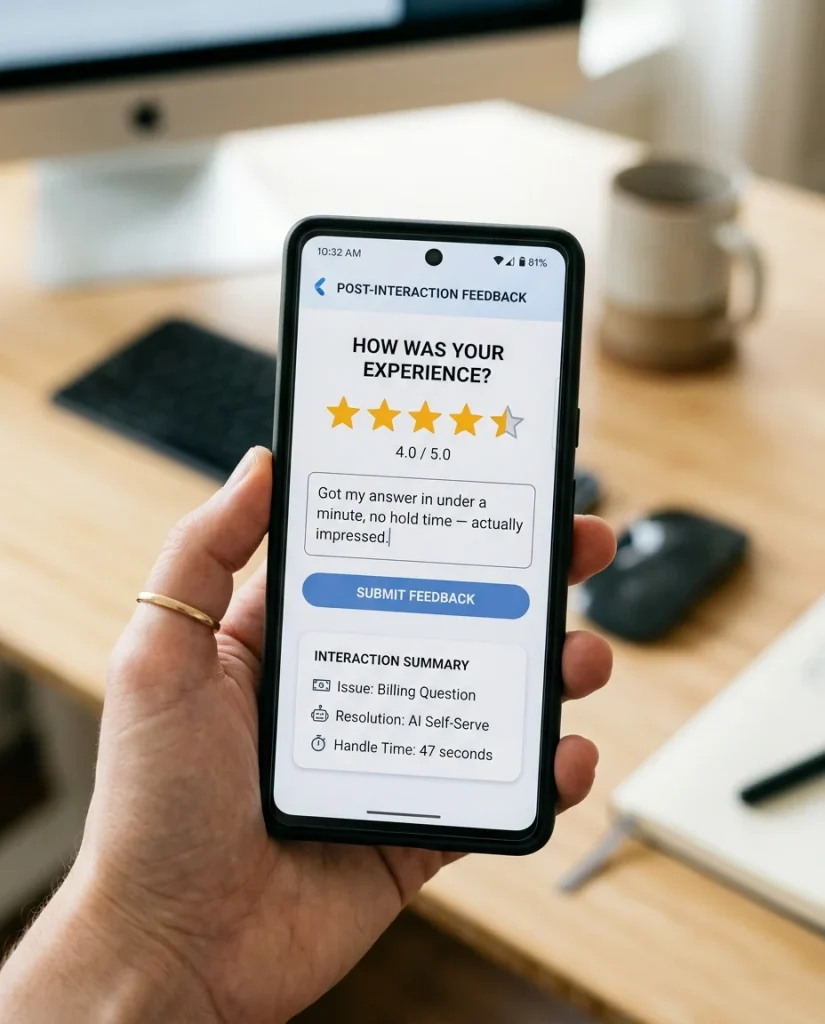 Customer satisfaction survey showing 4-star rating with positive comment about AI chatbot resolving billing question in 47 seconds with no hold time