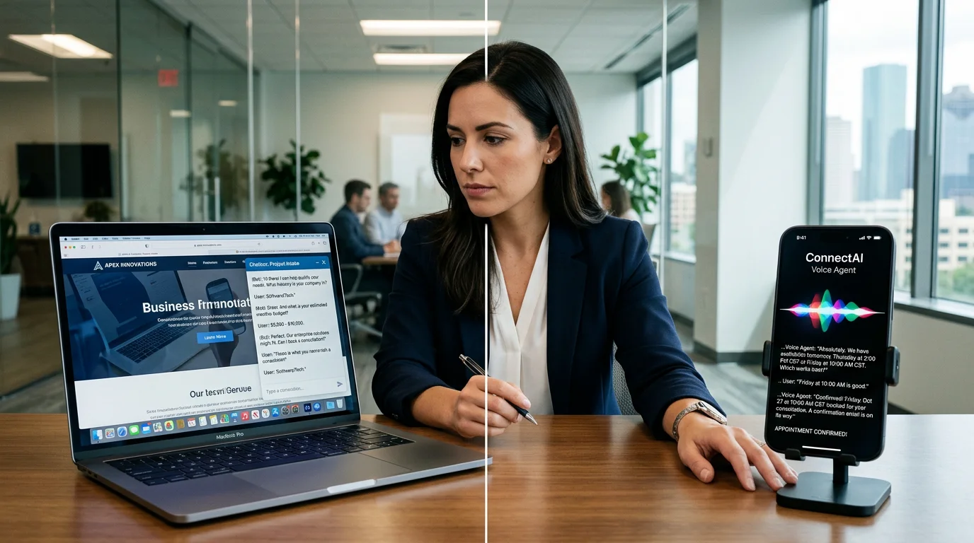 AI chatbot versus AI voice agent comparison showing text-based lead qualification on laptop and voice appointment booking on smartphone