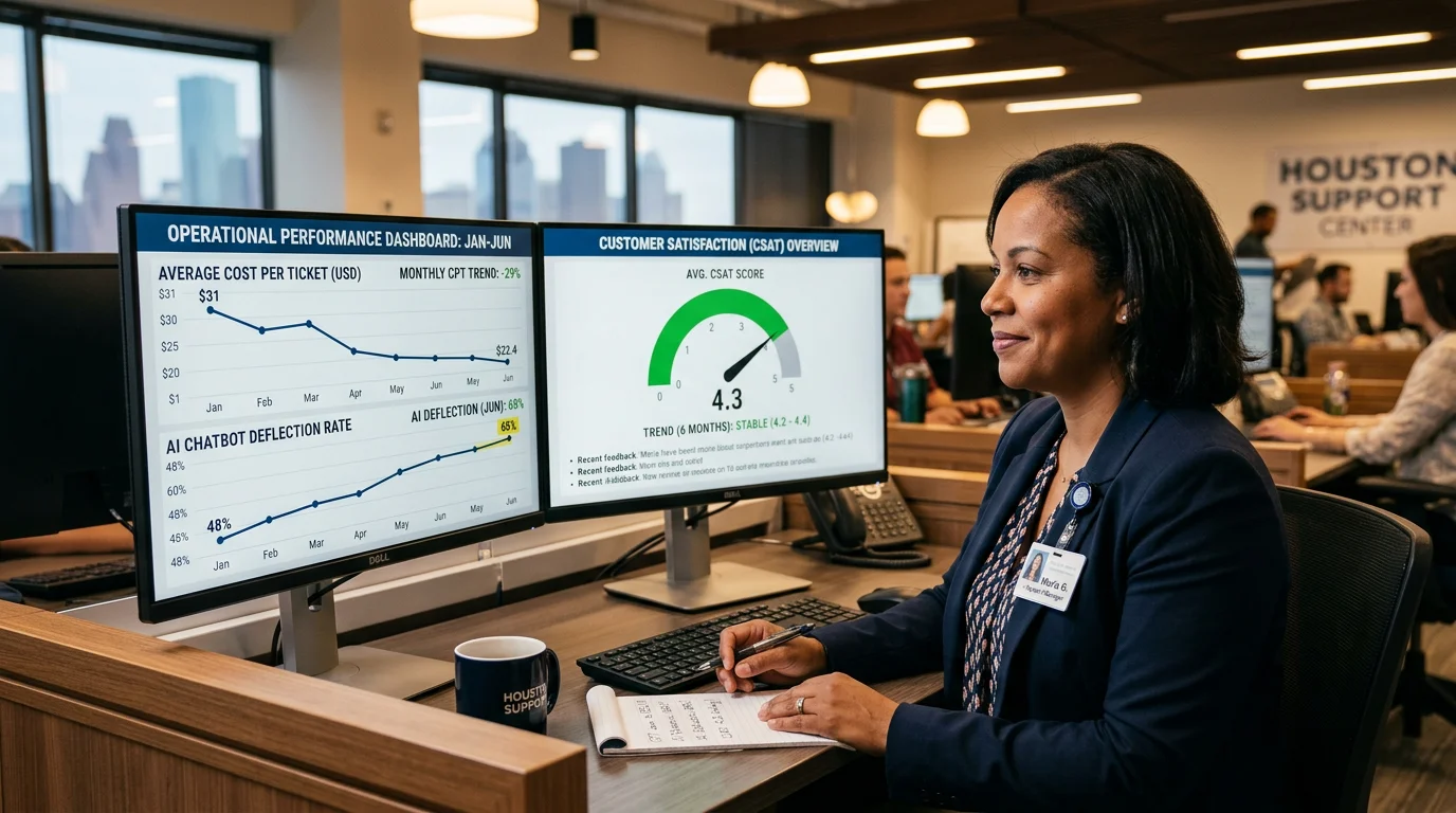 AI chatbot customer service analytics dashboard showing declining cost per ticket, 68% deflection rate, and 4.3 CSAT score maintained