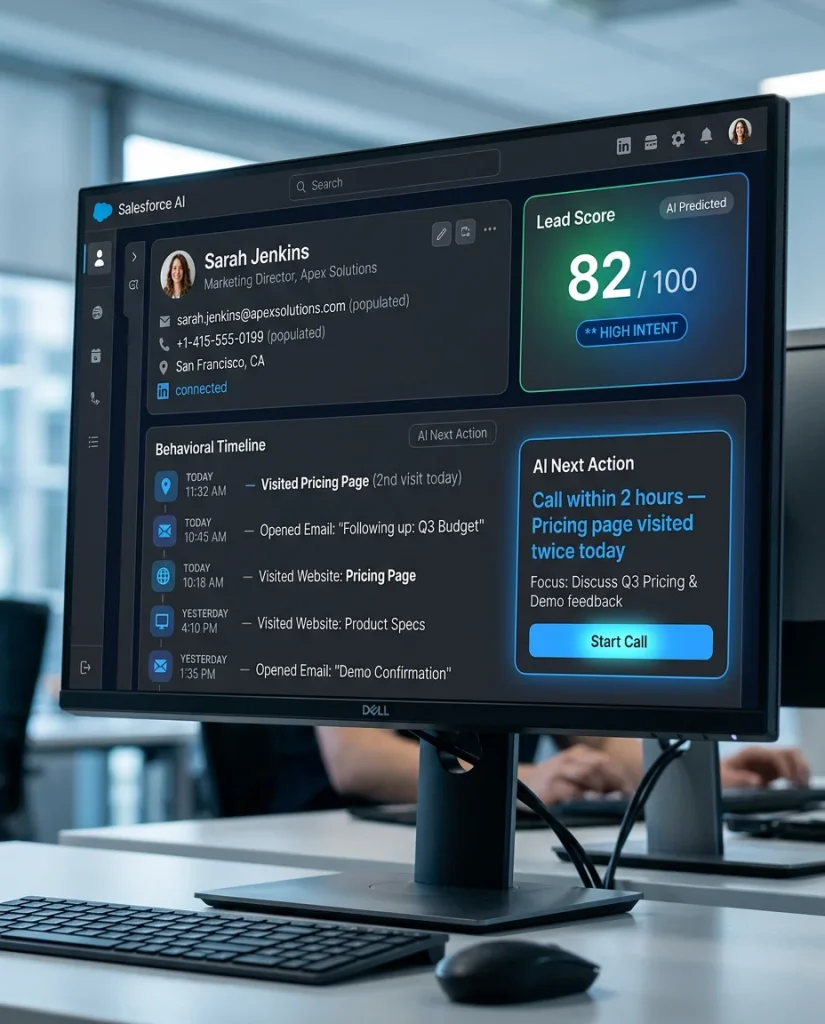 AI powered CRM contact record showing automatically populated data, behavioral lead score of 82, and AI-generated next action recommendation