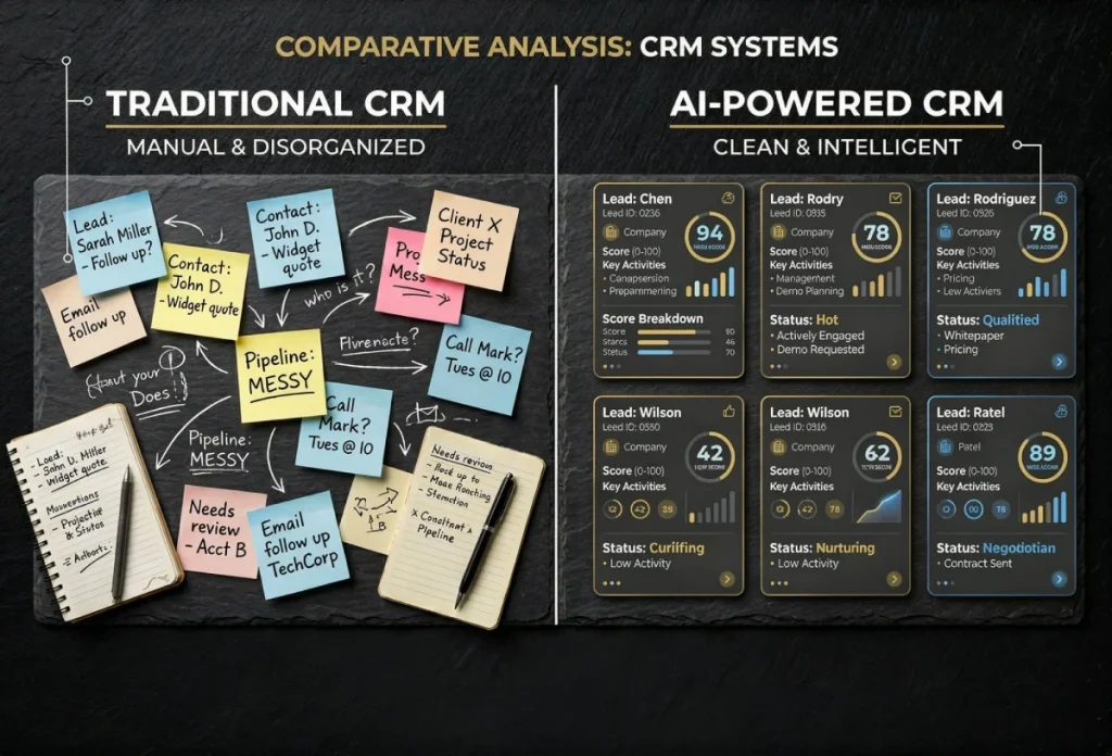 AI powered CRM versus traditional CRM comparison showing automated lead scoring, pipeline intelligence, and follow-up automation