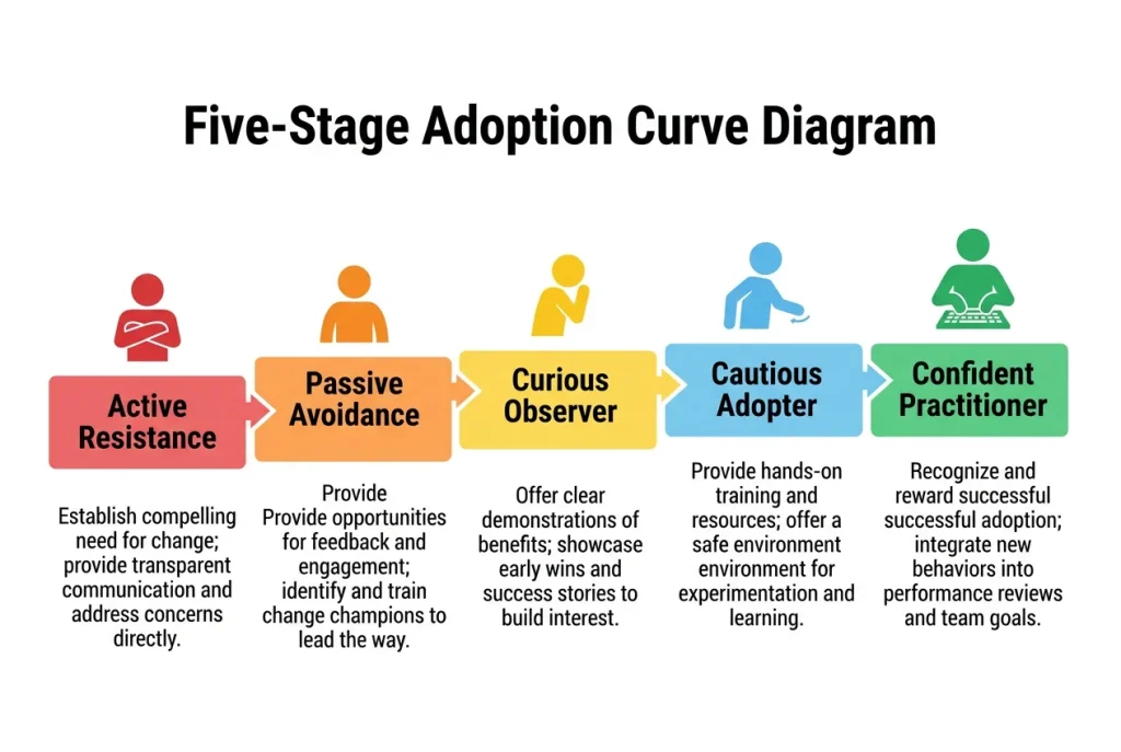 AI employee adoption curve diagram showing five stages from active resistance through passive avoidance and cautious adoption to confident practitioner