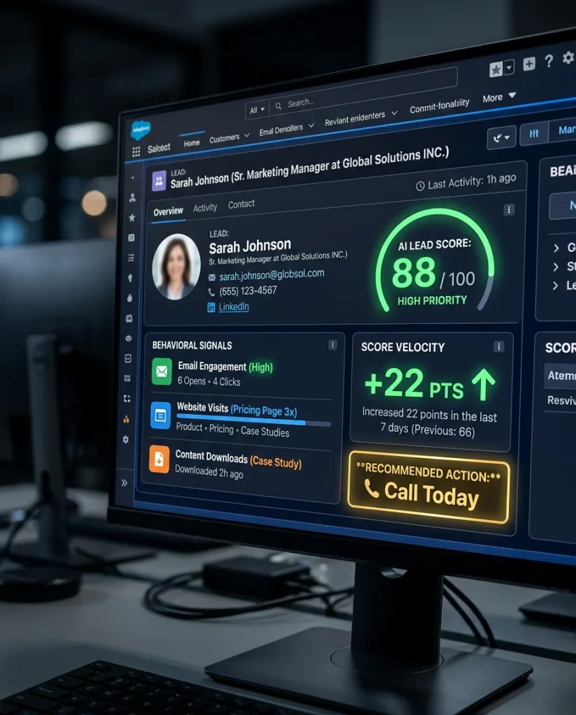 AI lead scoring detail panel showing 88 score with behavioral signal breakdown, pricing page visits, and score velocity increase of 22 points in 7 days