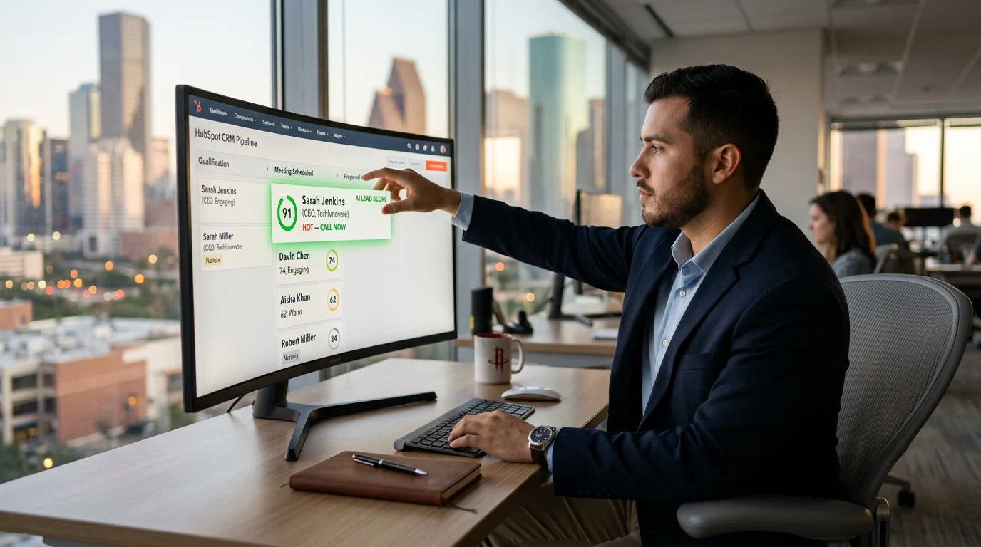 AI lead scoring in CRM showing sales rep prioritizing high-score hot leads with 91 conversion probability over lower-scored contacts
