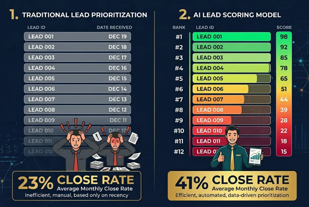 AI lead scoring comparison showing traditional date-sorted lead list at 23% close rate versus ML-scored prioritized leads at 41% close rate