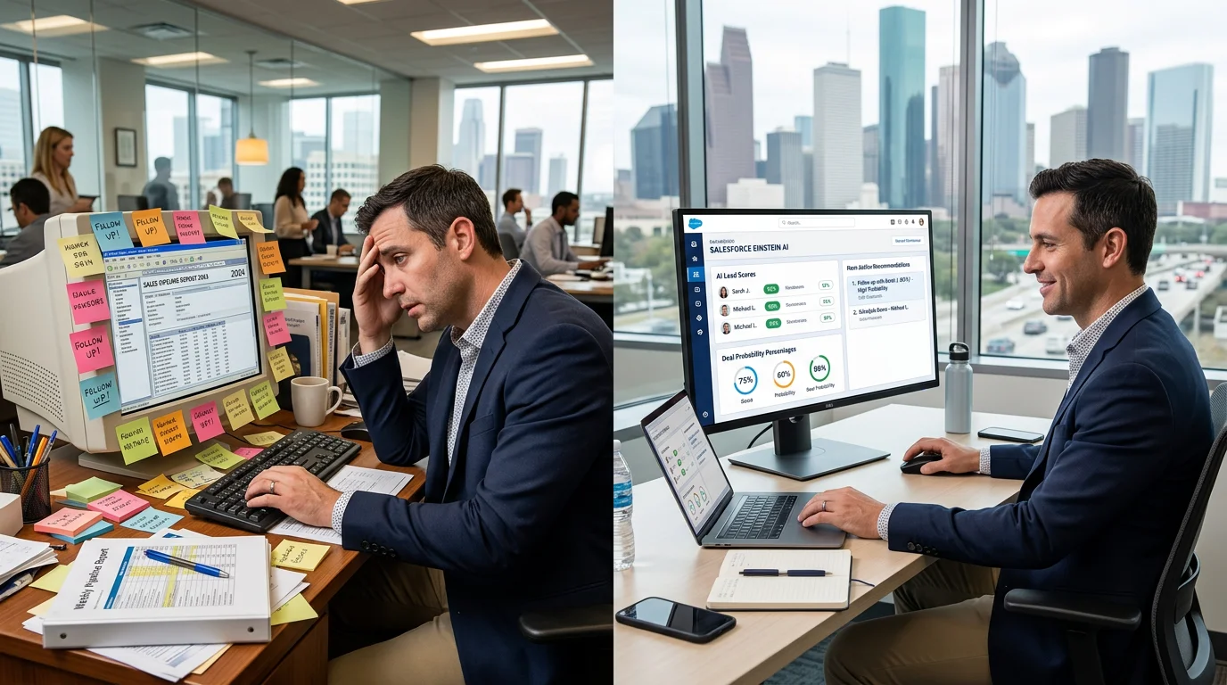 AI powered CRM versus traditional CRM showing automated intelligence versus manual data entry in side-by-side sales office comparison