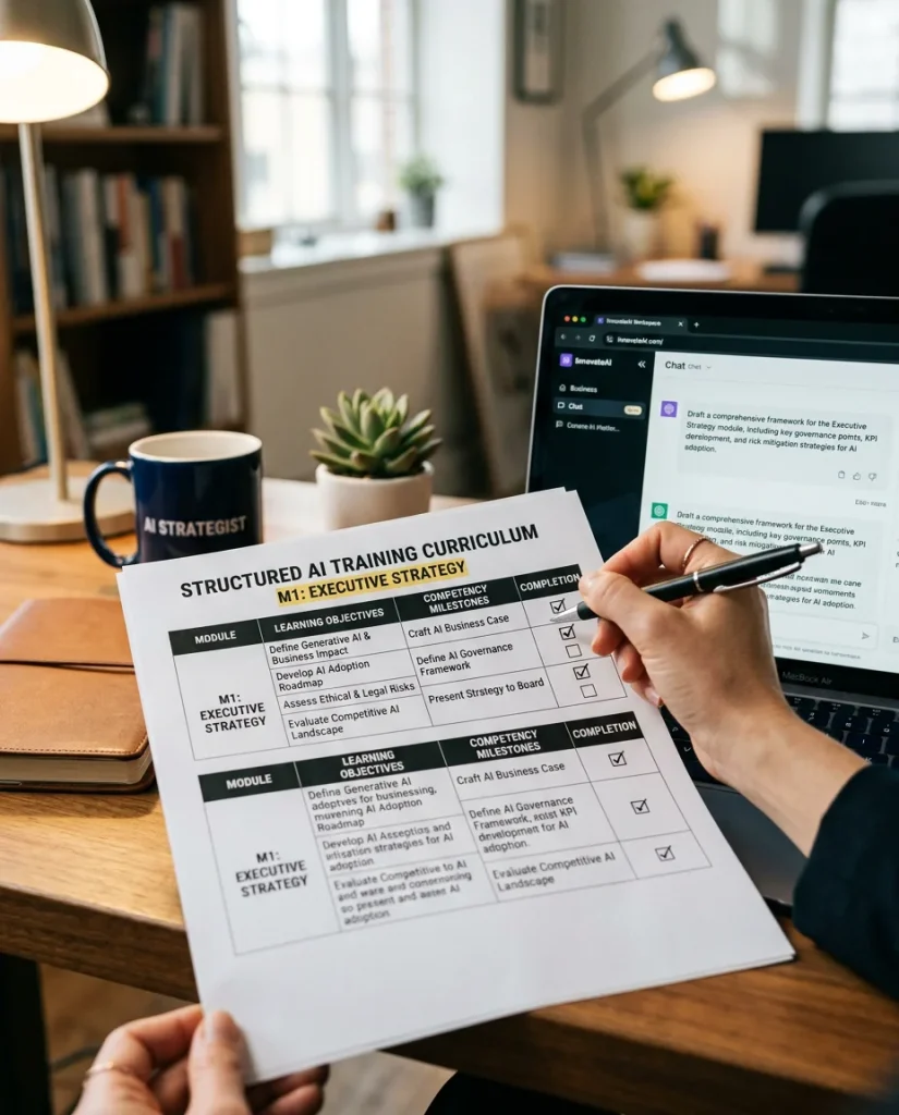 AI training program curriculum showing role-based modules for executives, marketing teams, operations, and customer service with competency milestones