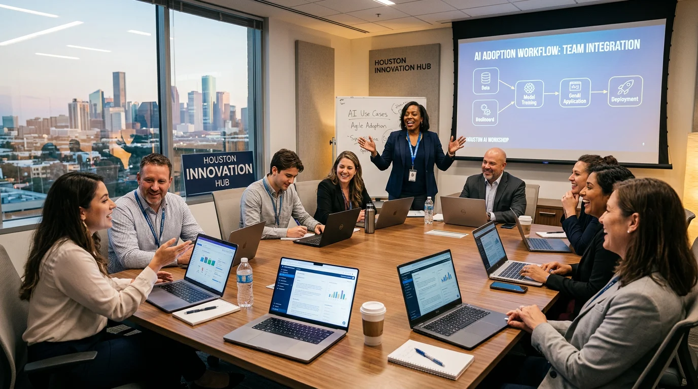 AI training services for business teams showing hands-on corporate AI adoption workshop with professionals learning generative AI tools