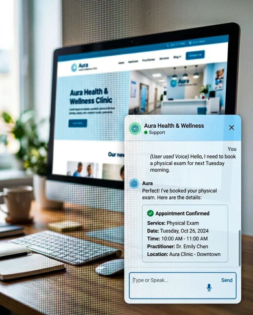 AI voice agent and chatbot hybrid interface on business website showing appointment booking confirmation through voice and text channels