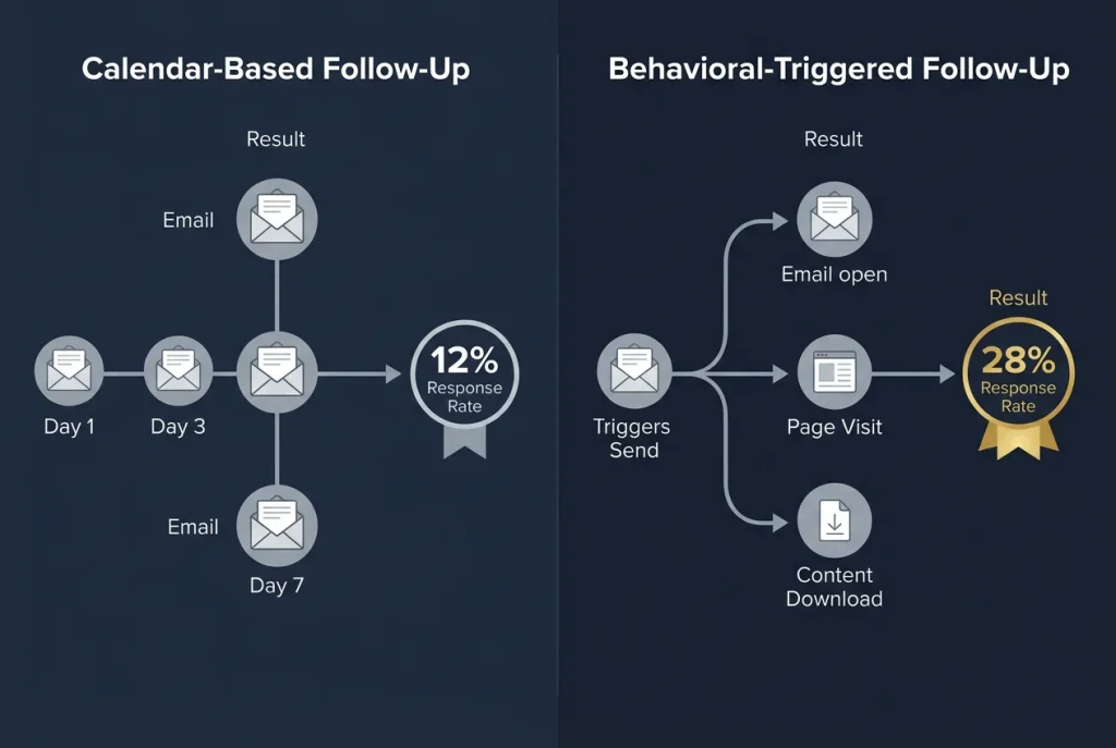 CRM follow-up automation comparison showing calendar-based sequences at 12% response rate versus behavioral-triggered AI sequences at 28% response rate