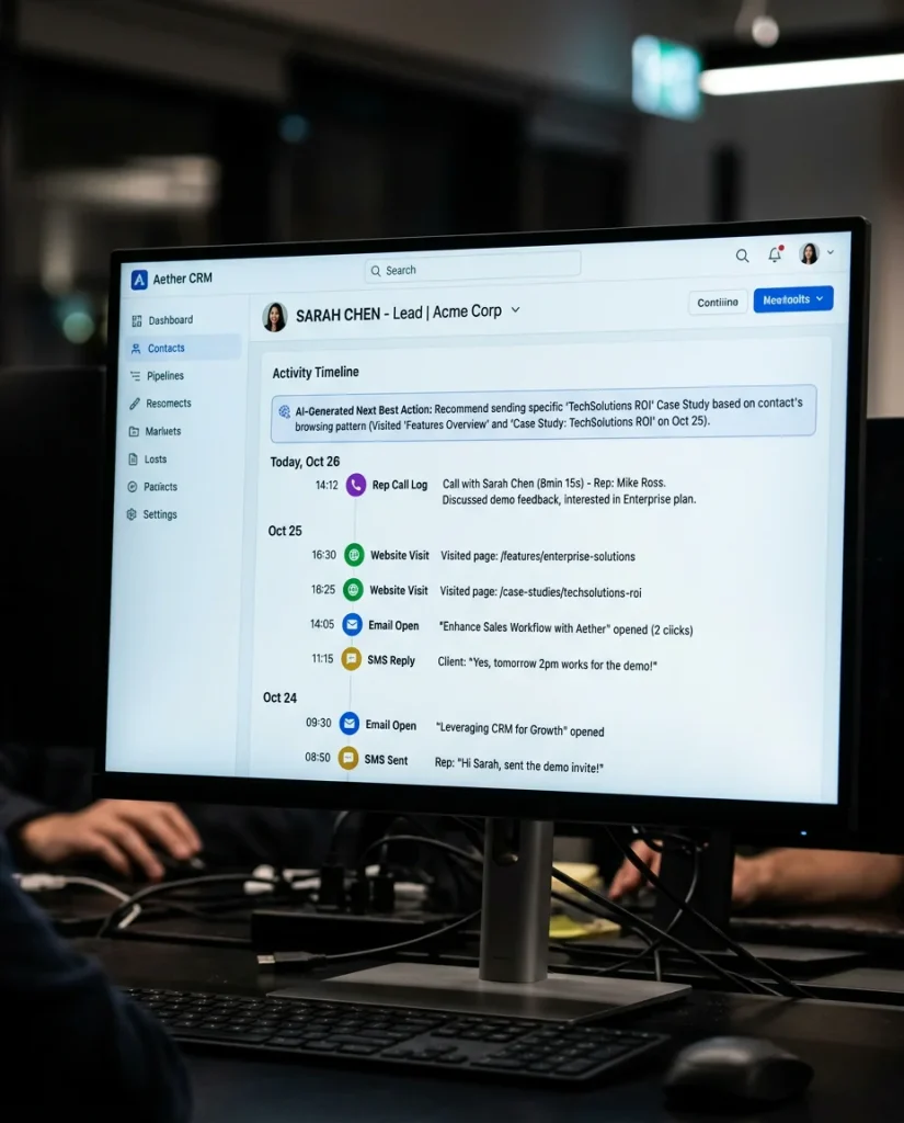 CRM contact activity timeline showing behavioral history of email opens, website visits, and SMS replies with AI-generated next best action recommendation