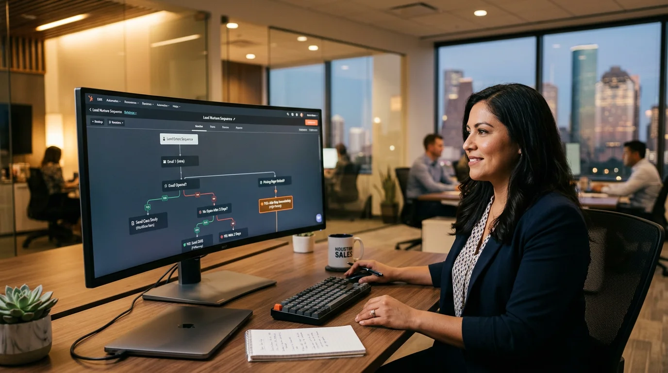 CRM follow-up automation workflow showing AI-triggered lead nurture sequence with behavioral branching logic for email, SMS, and rep alerts