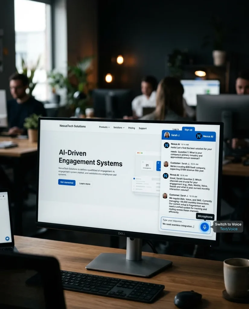 Unified AI chatbot and voice agent interface showing text and voice toggle option for seamless omnichannel customer engagement