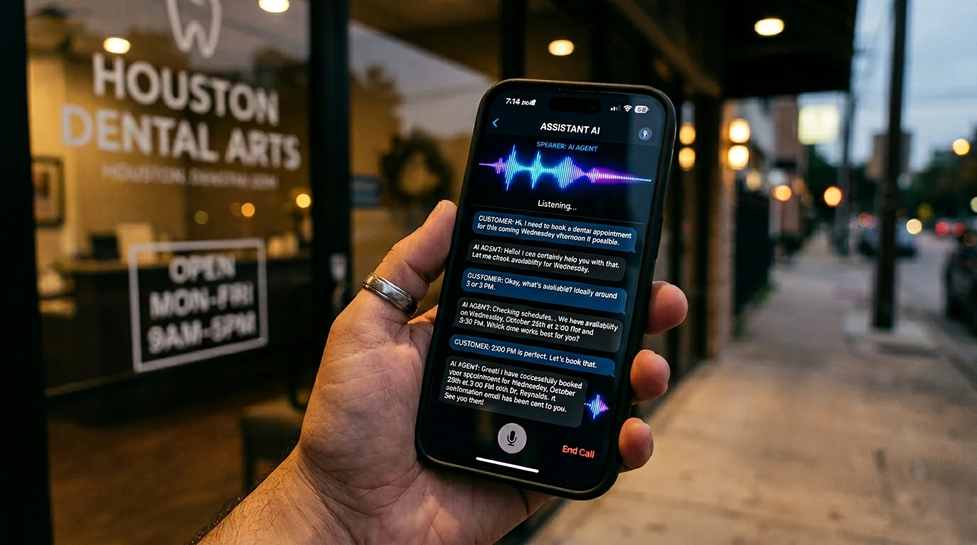 AI voice agent for business conducting a natural spoken conversation to book an appointment shown on a smartphone screen