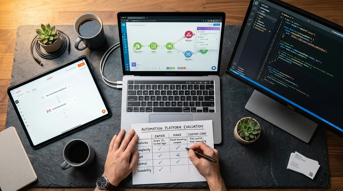 Zapier versus Make versus custom API comparison showing three automation platforms with different complexity levels for business workflow automation