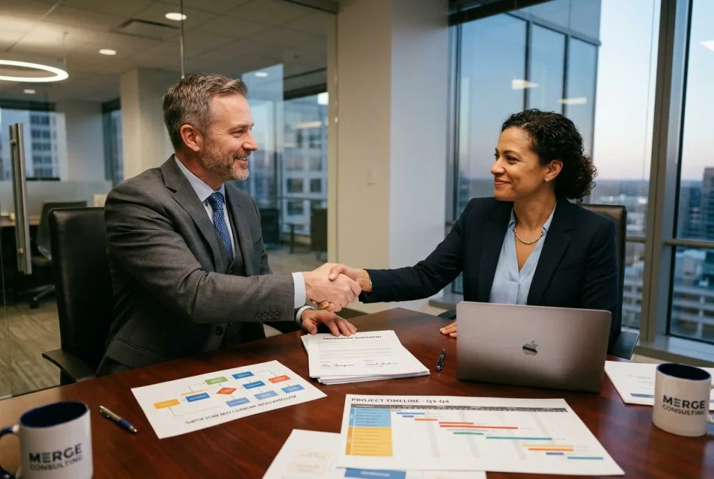 Business owner and AI automation agency partner finalizing implementation agreement