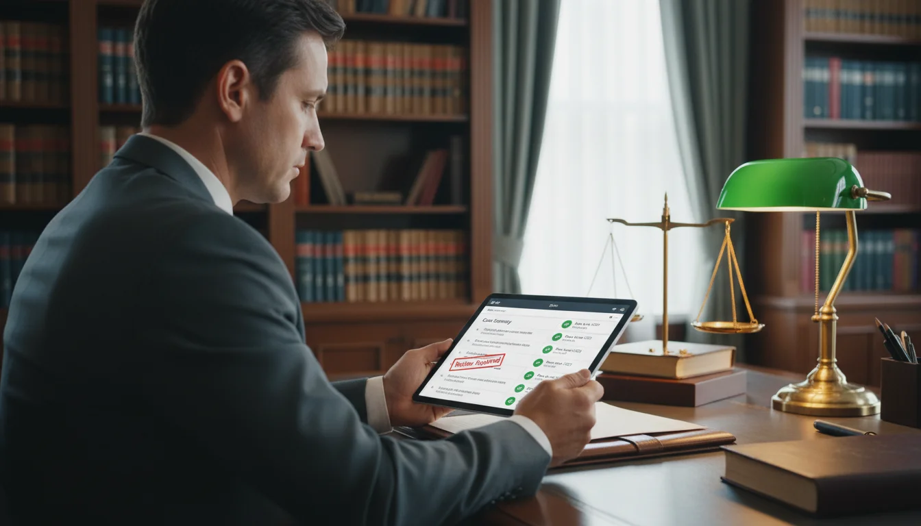 Attorney reviewing AI-generated case summary with verified citations on a tablet in a modern law office setting