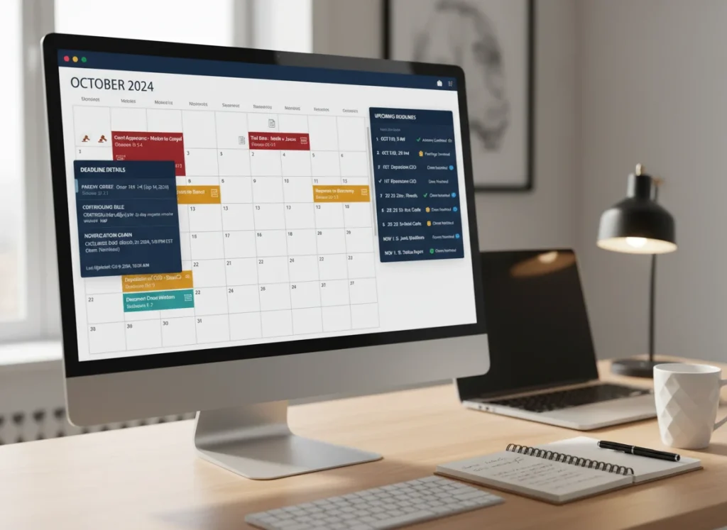 AI-driven calendar interface showing automatically calculated deadlines with linked court orders and tiered notification chains