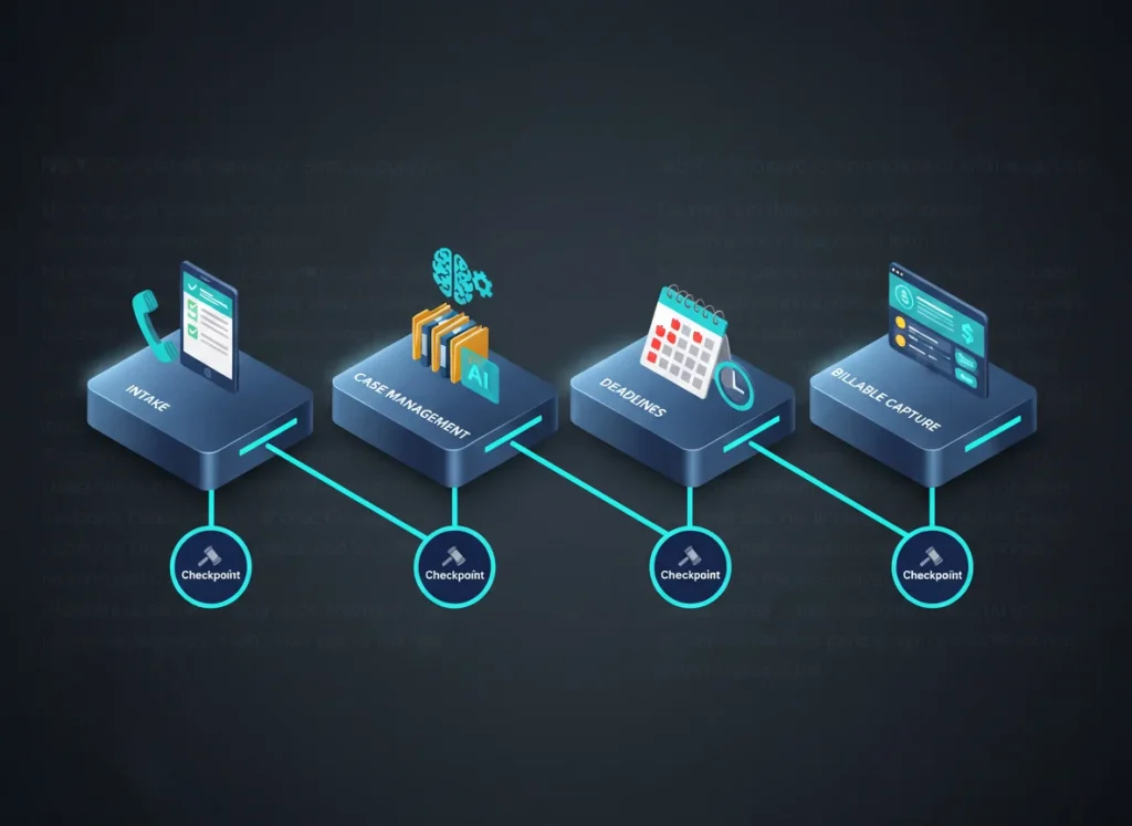 Four AI workflow domains for law firms, intake, case management, deadlines, billable capture, with attorney checkpoint markers