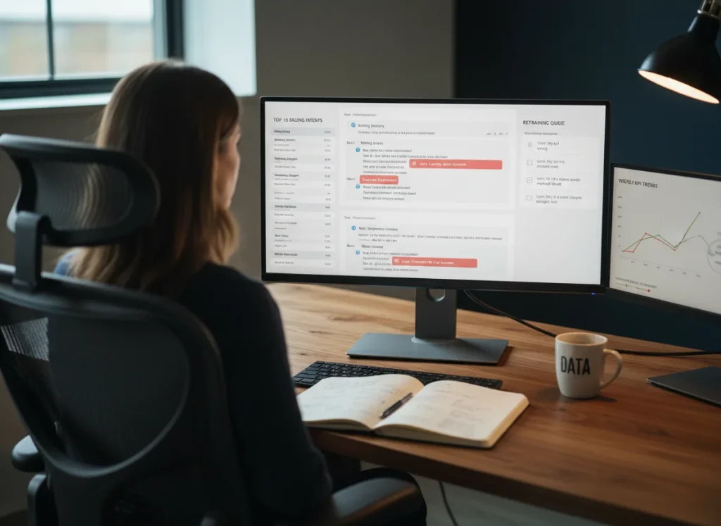 Analyst reviewing clustered failing AI chatbot conversations by intent type to identify training opportunities