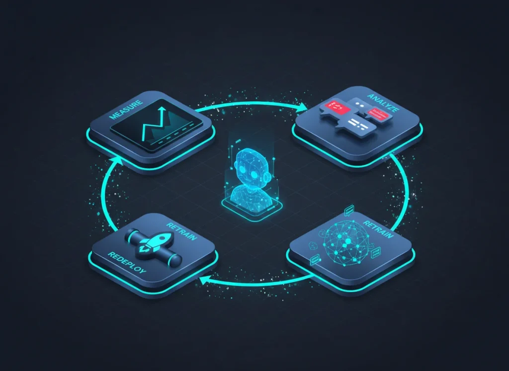 Closed-loop AI chatbot optimization cycle, measure, analyze, retrain, redeploy, visualized as connected weekly workflow