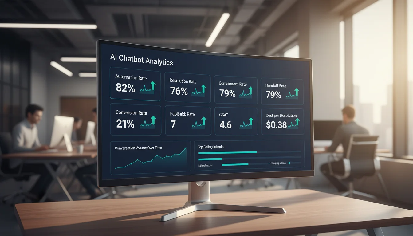 AI chatbot analytics dashboard showing automation rate, conversion rate, and CSAT as closed-loop performance indicators