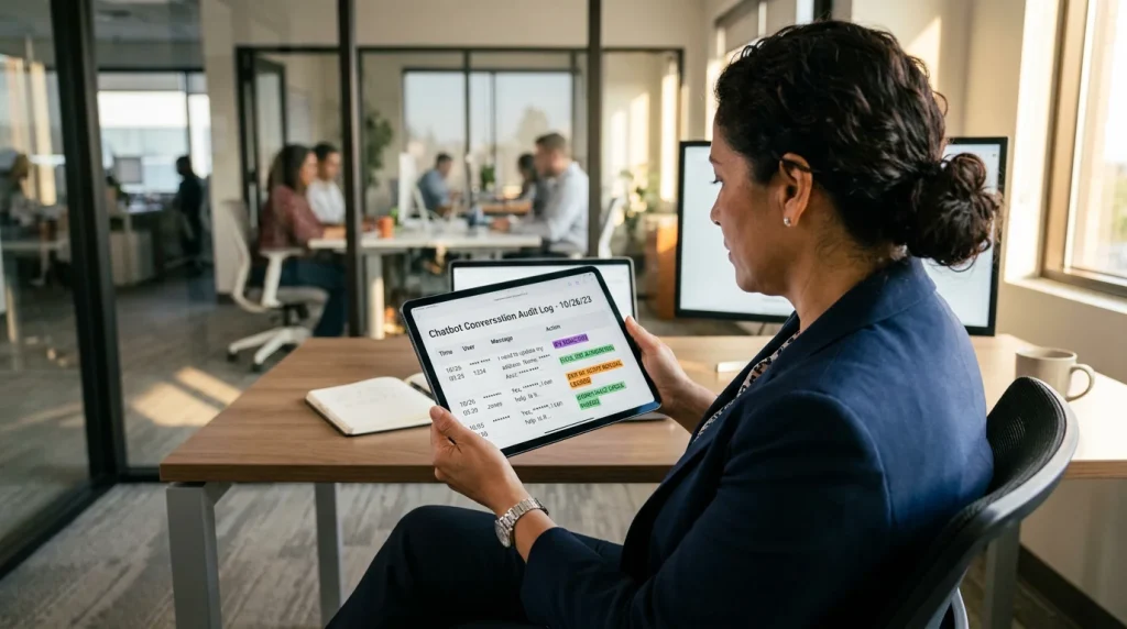 Compliance officer reviewing a chatbot conversation audit log with PII redaction and tool-use authorization tags