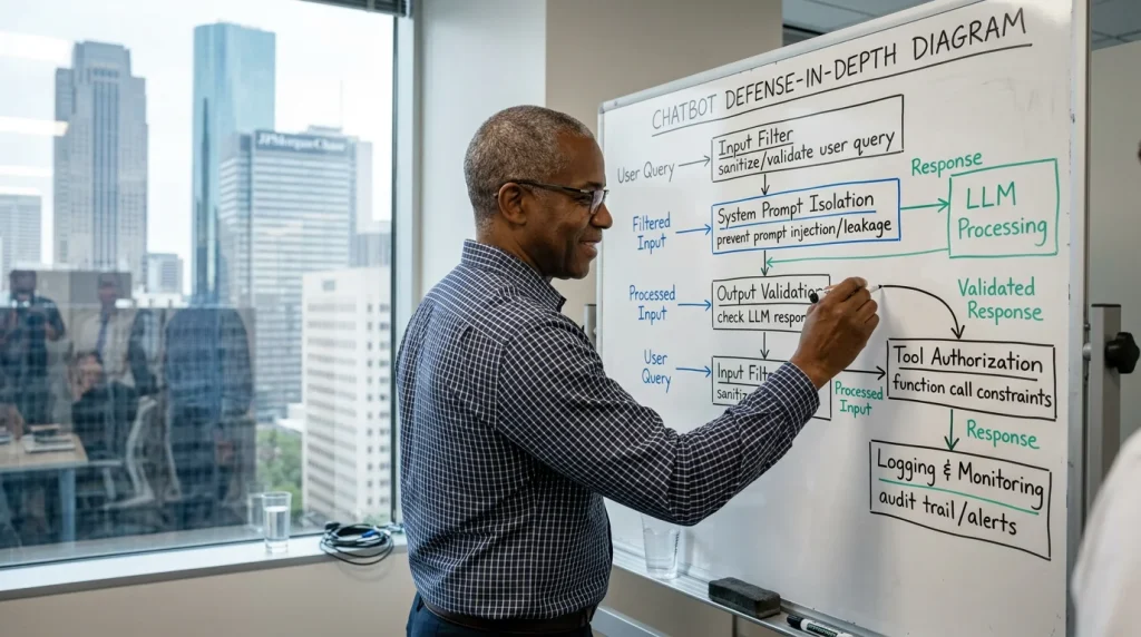 Security architect sketching a chatbot defense-in-depth diagram showing input filter, system prompt isolation, output validation, tool authorization, and logging layers
