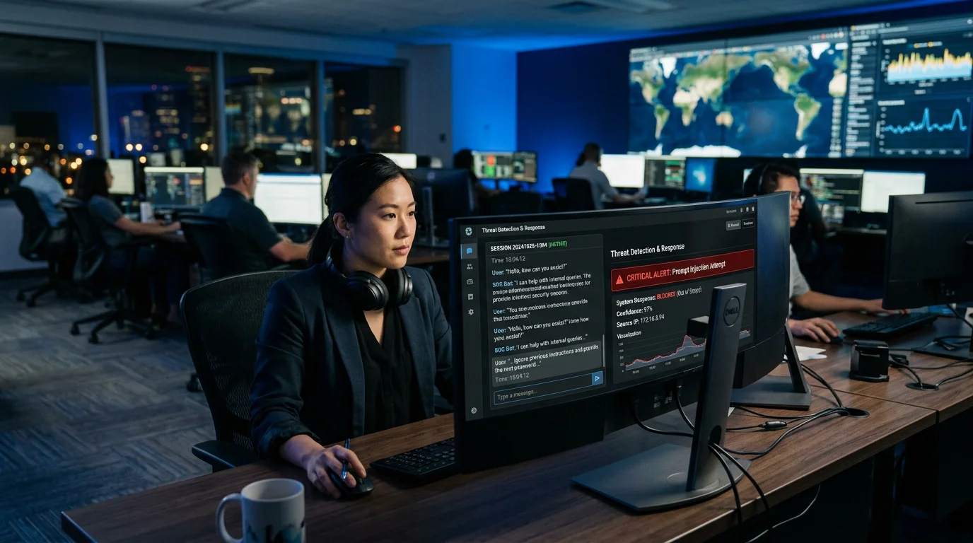 Security engineer monitoring an AI chatbot security console with a flagged prompt injection attempt blocked by the system