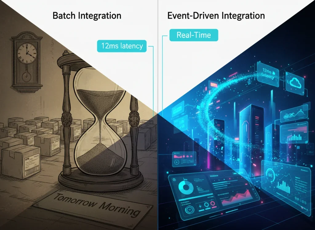 Side-by-side comparison of legacy batch integration versus modern event-driven real-time integration