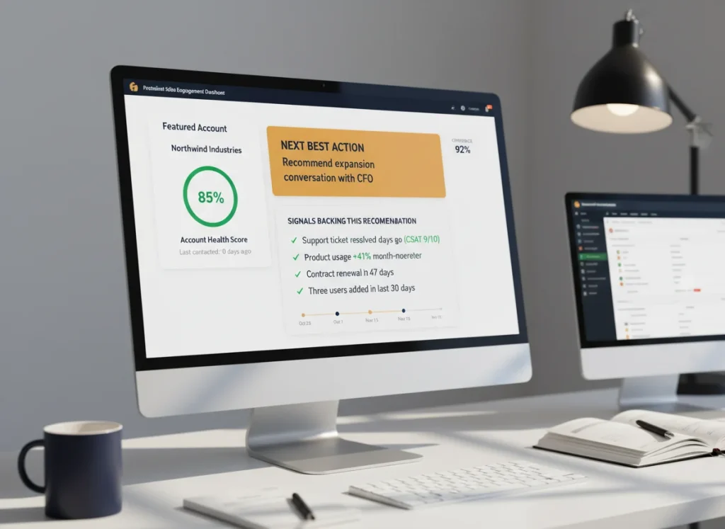 Sales rep dashboard showing AI next-best-action recommendation with cited signals from support, product usage, and renewal data