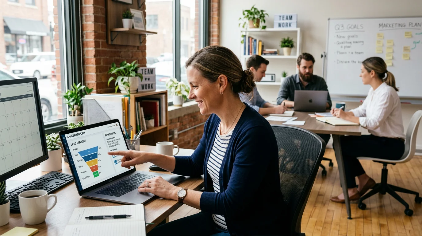 Small business owner reviewing AI CRM dashboard with lead pipeline insights and team collaboration
