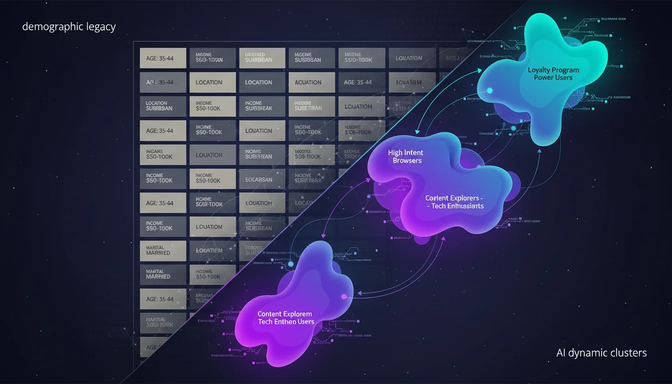Dynamic AI customer segments flowing and updating in real time based on behavioral signals, replacing static demographic buckets