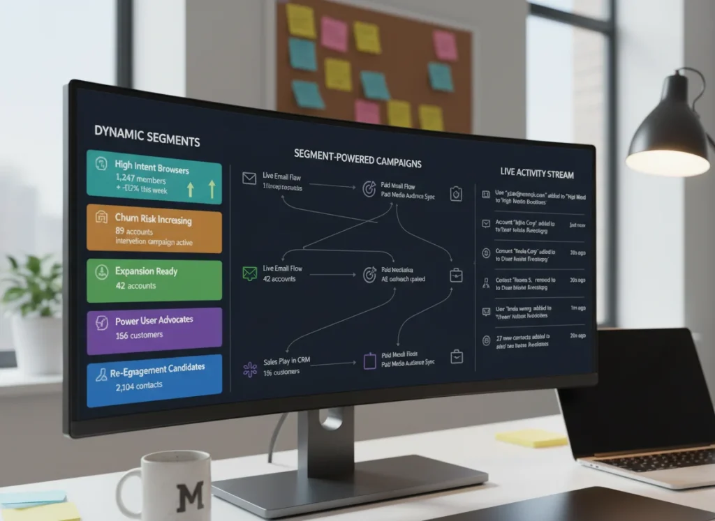 Marketing dashboard showing live AI customer segments with dynamic membership counts and activation status per campaign