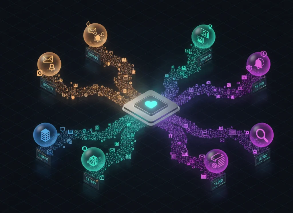 Six signal types, behavioral, engagement, transactional, product usage, firmographic, intent, flowing into AI segmentation engine