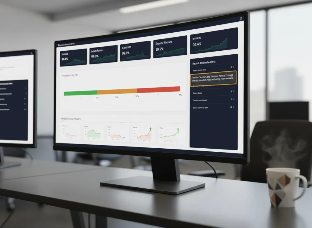 Real-time intelligent document processing accuracy dashboard showing per-document-type performance metrics and anomaly alerts