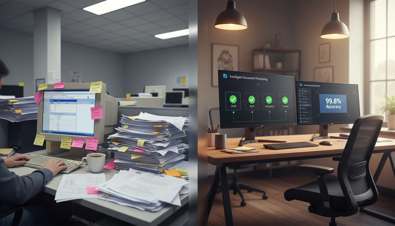 Side-by-side comparison of manual data entry versus AI document processing showing accuracy and throughput differences