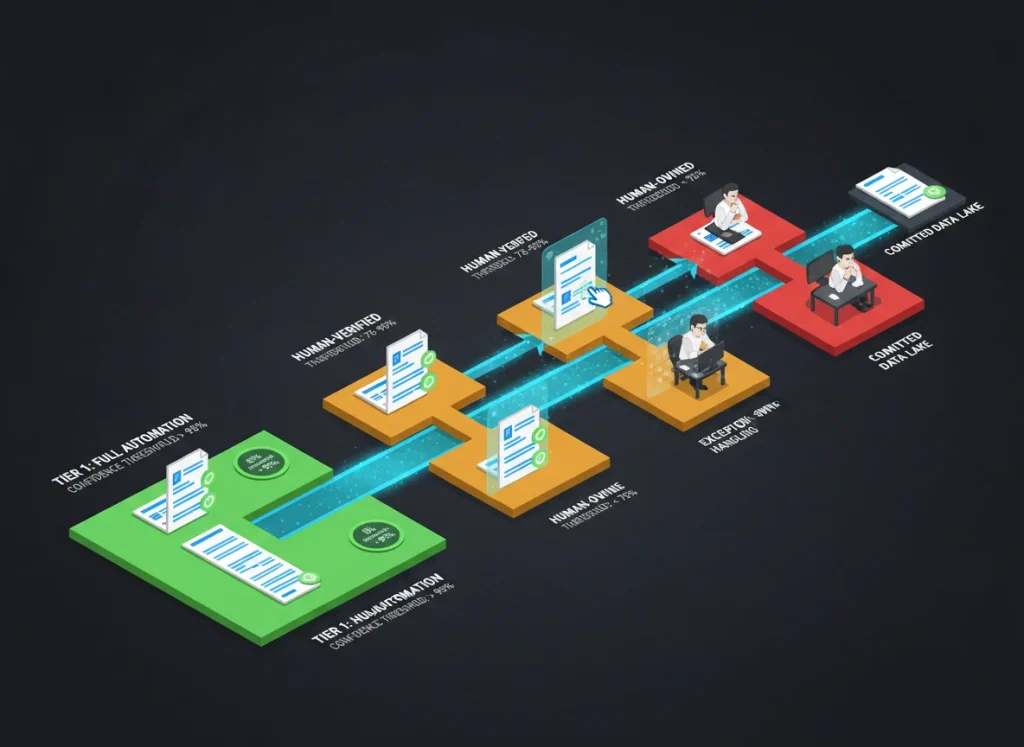 Three-tier intelligent document processing workflow, full automation, human-verified, human-owned exceptions