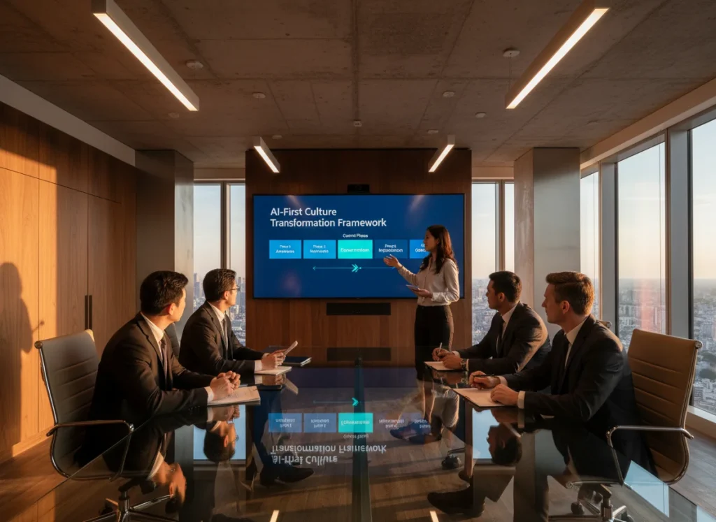 Executive leadership reviewing the 5-phase AI transformation framework with progress indicators in a modern boardroom