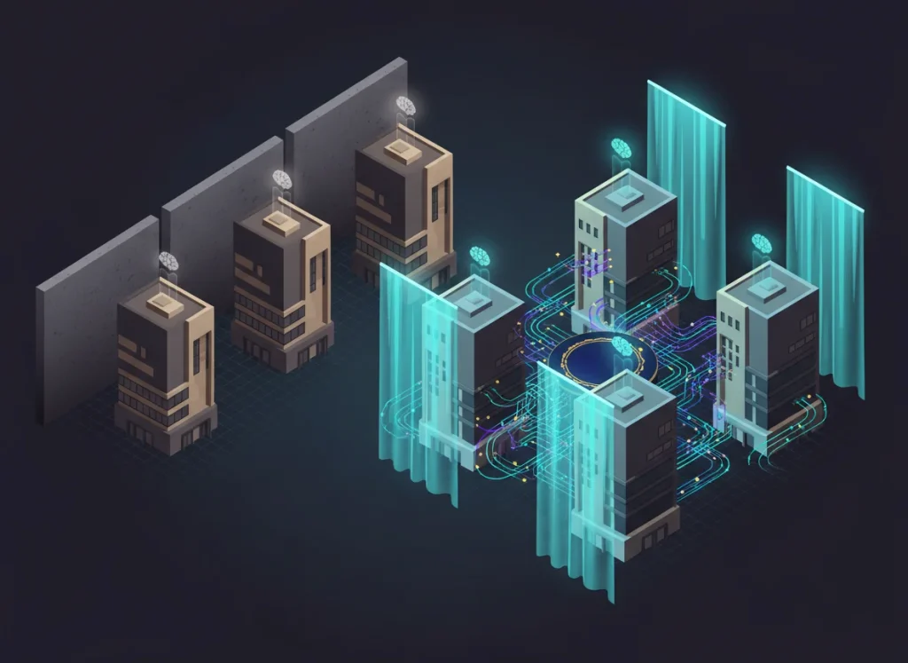 Departments connected by glowing AI workflow threads showing organizational integration rather than siloed pilot deployments`