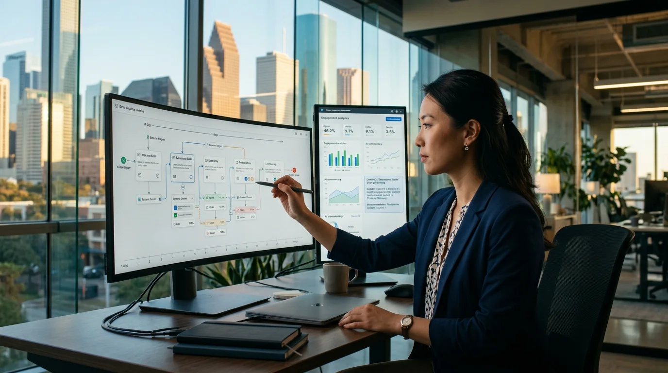 Marketing operations lead reviewing an AI-powered email sequence builder with behavior triggers and live engagement data
