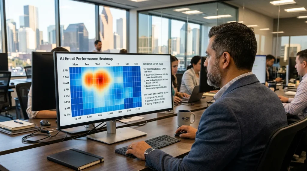 RevOps director reviewing an AI-generated email performance heatmap with winning subject lines and underperforming send times