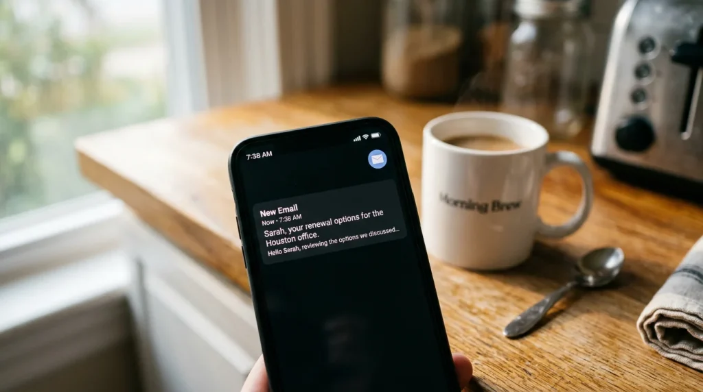 Personalized AI-generated email notification arriving on a phone at the recipient's morning routine moment