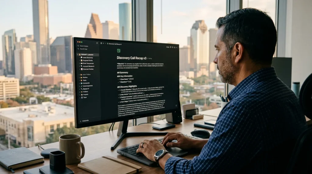Sales operations manager building a structured prompt library after attending an AI prompt engineering workshop