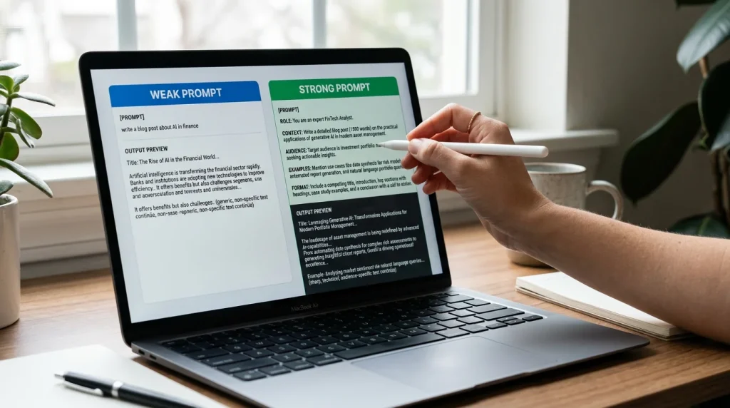 Side-by-side comparison of a weak one-line prompt versus a structured prompt with role, context, examples, and format