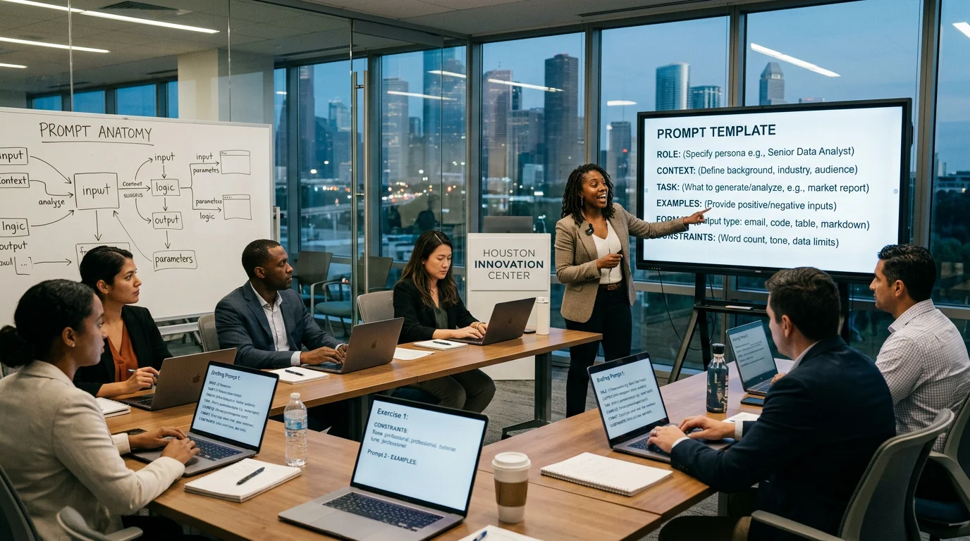 Houston team mid-workshop learning prompt engineering with a structured prompt template displayed on the front screen